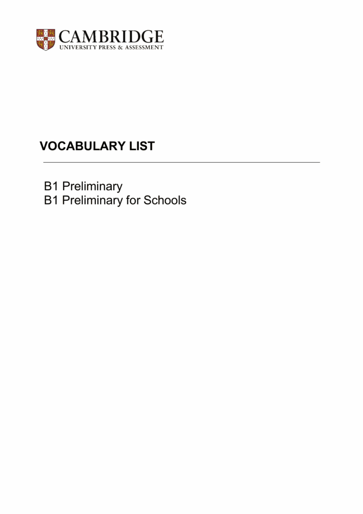 Cambridge B1 preliminary 2020 vocabulary list